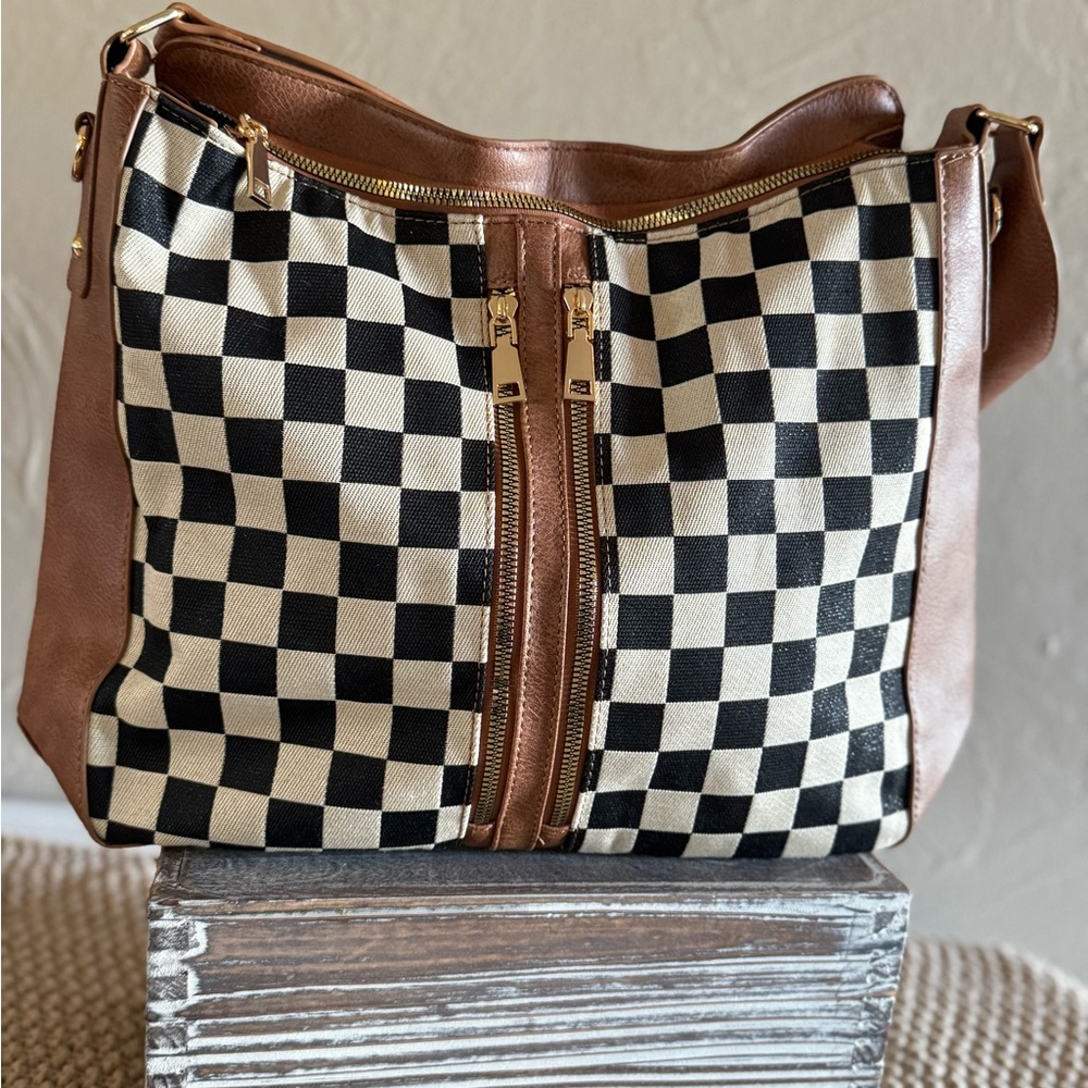 Checkerboard Canvas and Brown Leather Shoulder Bag